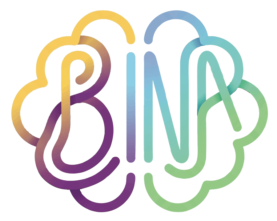 לוגו BINA, מוח בקווי צבע היוצרים את האותיות B I N A